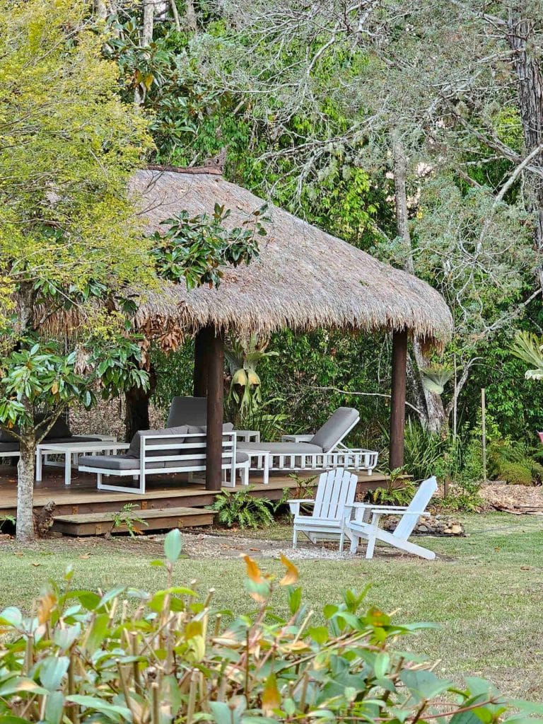 The thatched Bali hut beside the creek