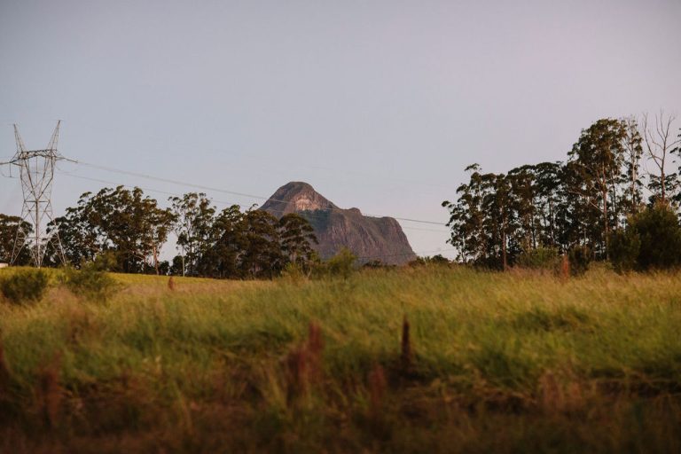 The Glass House Mountains at dusk, seen from the farm
